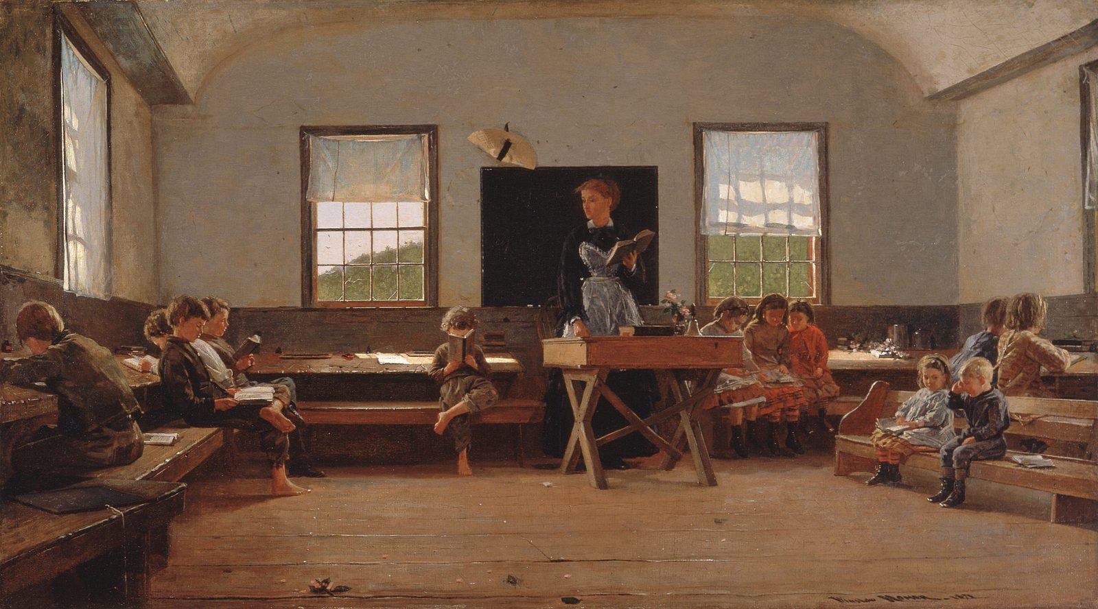 Winslow Homer's painting The Country School: a teacher reading to pupils in a one-room schoolhouse