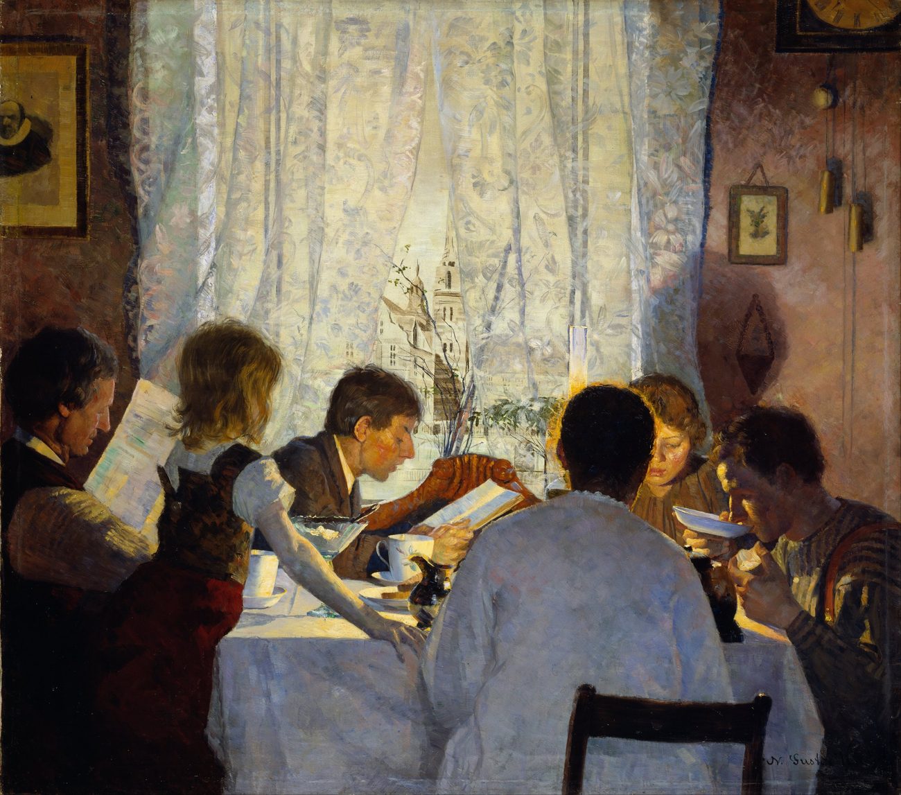 Gustav Wentzel's painting Breakfast II: a family reading together around the breakfast table
